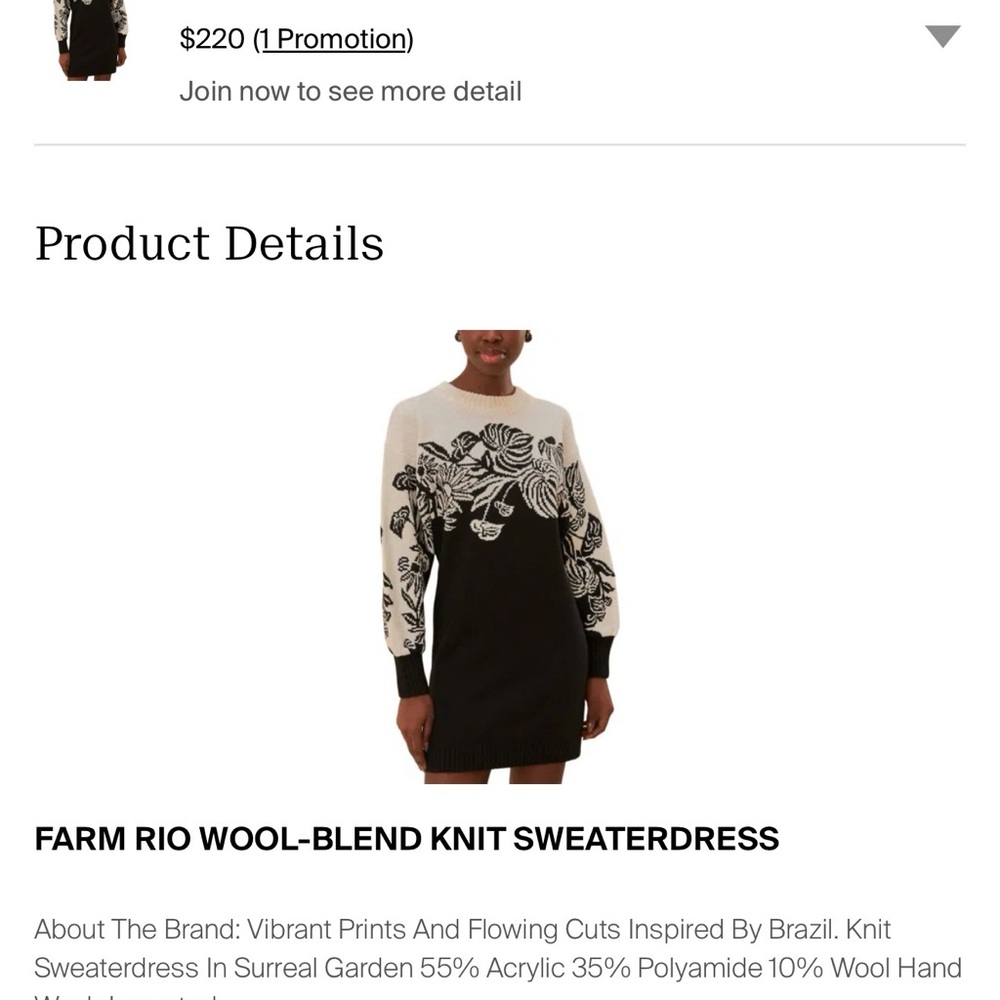 NWT Farm Rio Wool Blend Sweaterdress Black and White Floral Sweater Dress M - Picture 2 of 14